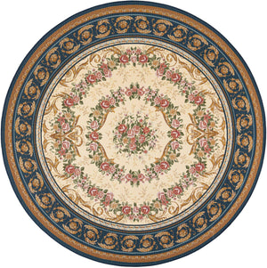 Navy Blue and Ivory 7' 10 x 7' 10 Outdoor Traditional Round Area Rug Weather Resistant for Patio, Deck, Terrace, Balcony, Porch Classical Design Outside Carpet for Sale at Rug Engine