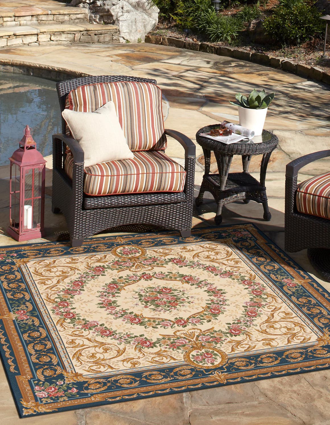 Navy Blue and Ivory 7' 10 x 7' 10 Outdoor Traditional Square Area Rug Weather Resistant for Patio, Deck, Terrace, Balcony, Porch Classical Design Outside Carpet for Sale at Rug Engine