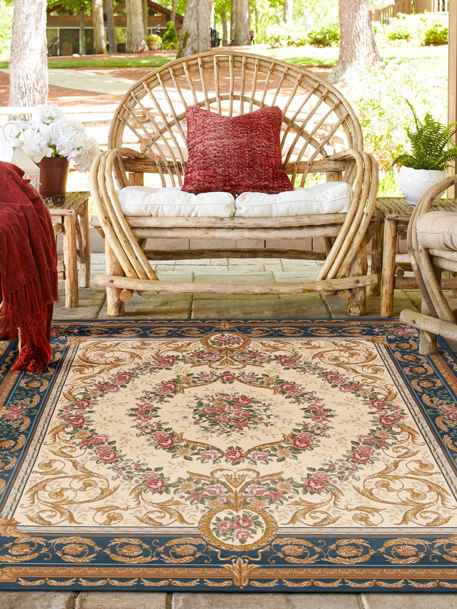 Navy Blue and Ivory 10' x 10' Outdoor Traditional Square Area Rug Weather Resistant for Patio, Deck, Terrace, Balcony, Porch Classical Design Outside Carpet for Sale at Rug Engine