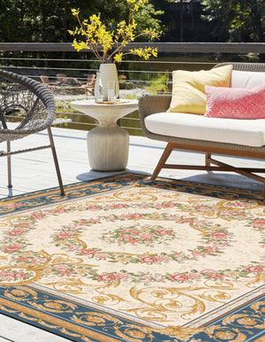 Navy Blue and Ivory 10' x 10' Outdoor Traditional Square Area Rug Weather Resistant for Patio, Deck, Terrace, Balcony, Porch Classical Design Outside Carpet for Sale at Rug Engine