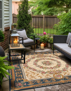 Navy Blue and Ivory 7' 10 x 7' 10 Outdoor Traditional Square Area Rug Weather Resistant for Patio, Deck, Terrace, Balcony, Porch Classical Design Outside Carpet for Sale at Rug Engine
