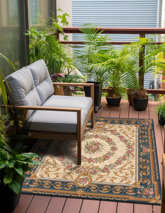 Navy Blue and Ivory 7' 10 x 7' 10 Outdoor Traditional Square Area Rug Weather Resistant for Patio, Deck, Terrace, Balcony, Porch Classical Design Outside Carpet for Sale at Rug Engine