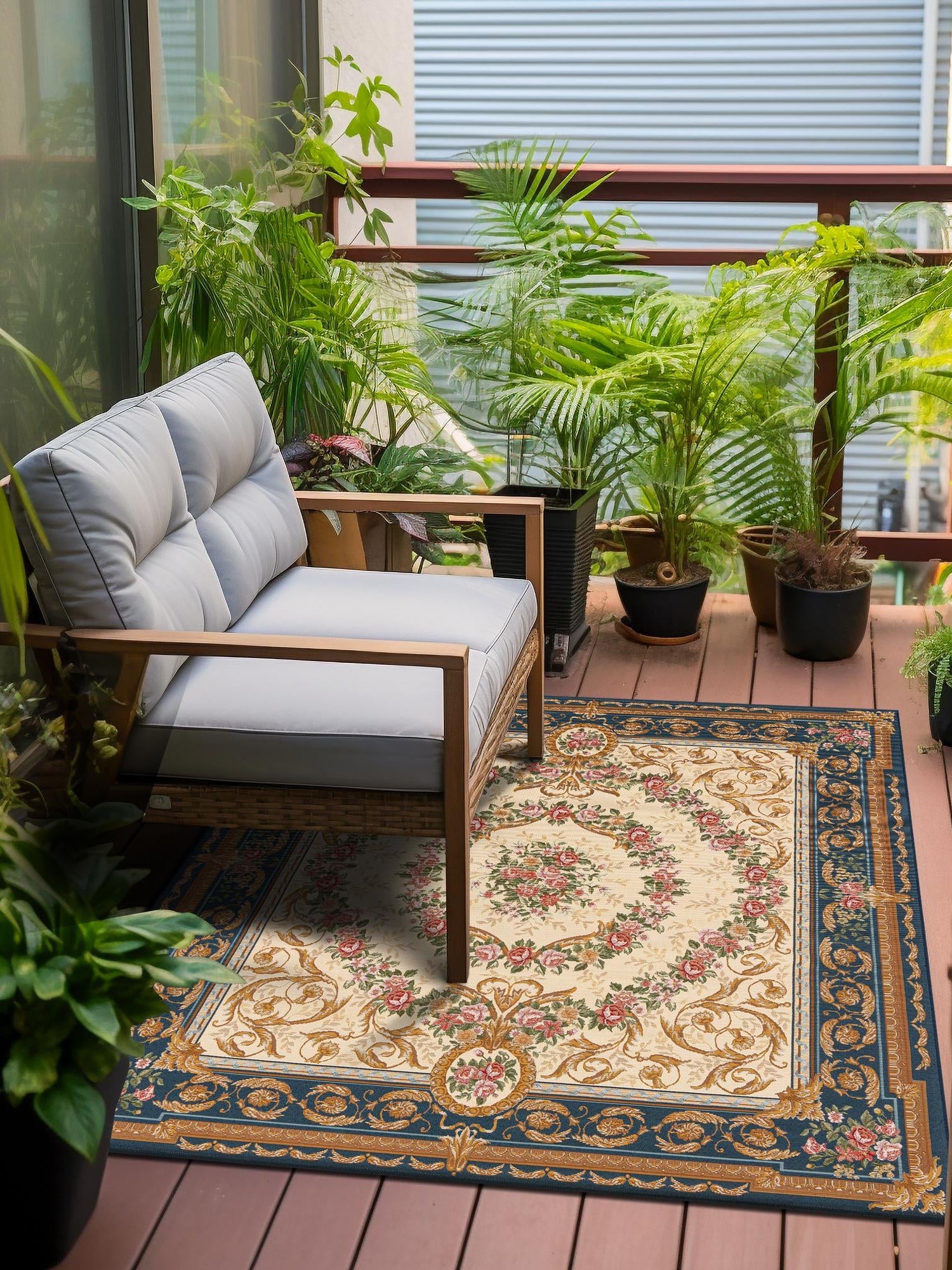 Navy Blue and Ivory 10' x 10' Outdoor Traditional Square Area Rug Weather Resistant for Patio, Deck, Terrace, Balcony, Porch Classical Design Outside Carpet for Sale at Rug Engine