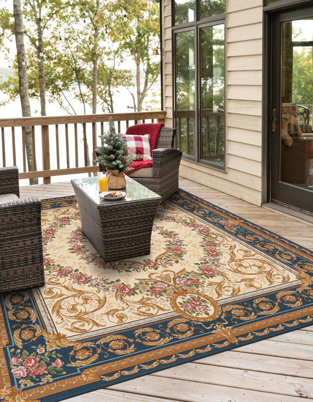 Navy Blue and Ivory 7' 10 x 7' 10 Outdoor Traditional Square Area Rug Weather Resistant for Patio, Deck, Terrace, Balcony, Porch Classical Design Outside Carpet for Sale at Rug Engine