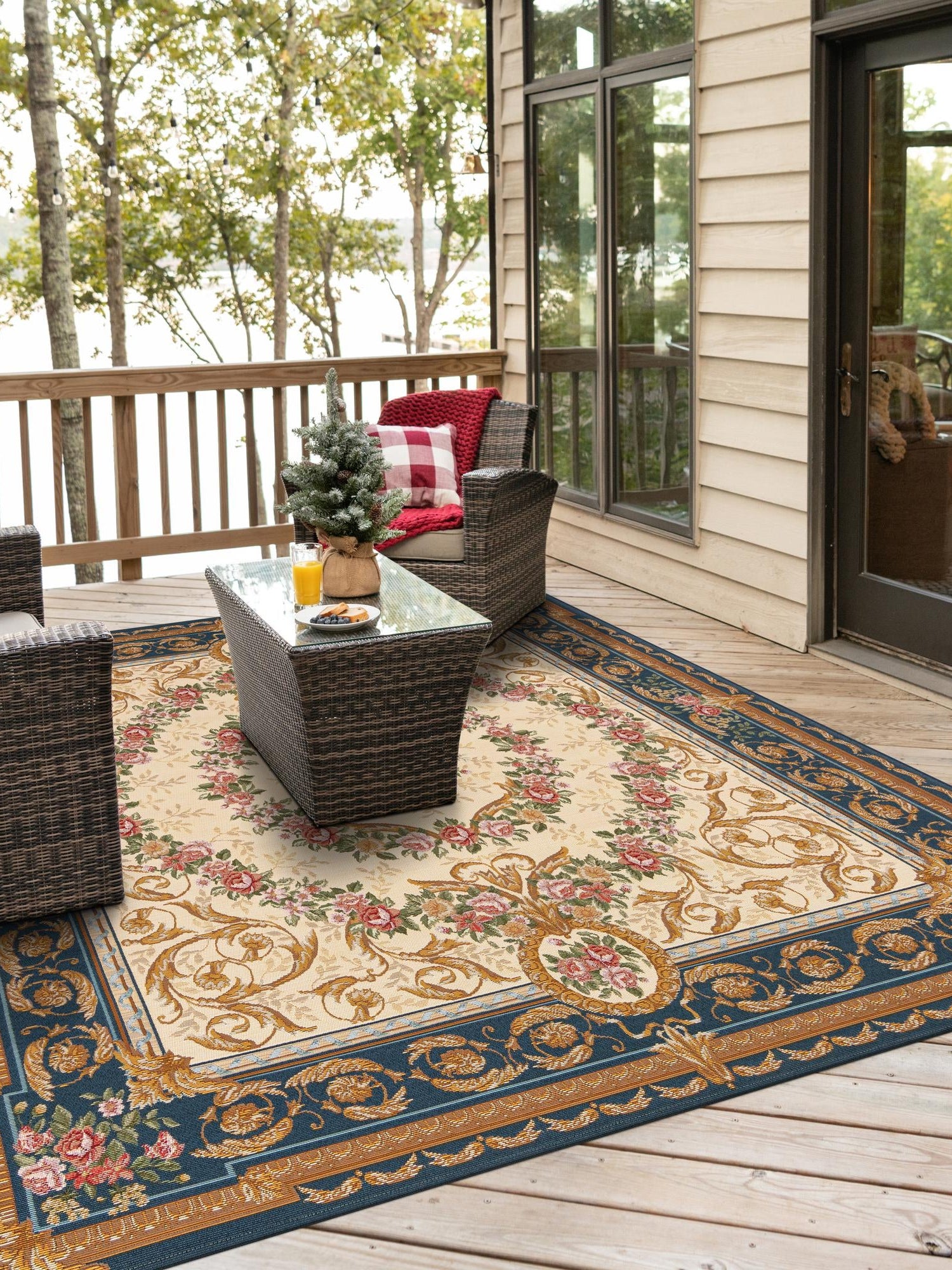 Navy Blue and Ivory 10' x 10' Outdoor Traditional Square Area Rug Weather Resistant for Patio, Deck, Terrace, Balcony, Porch Classical Design Outside Carpet for Sale at Rug Engine