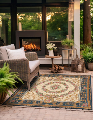 Navy Blue and Ivory 7' 10 x 7' 10 Outdoor Traditional Square Area Rug Weather Resistant for Patio, Deck, Terrace, Balcony, Porch Classical Design Outside Carpet for Sale at Rug Engine