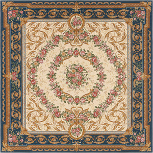Navy Blue and Ivory 7' 10 x 7' 10 Outdoor Traditional Square Area Rug Weather Resistant for Patio, Deck, Terrace, Balcony, Porch Classical Design Outside Carpet for Sale at Rug Engine