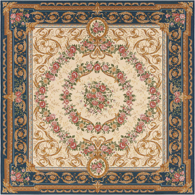 Navy Blue and Ivory 7' 10 x 7' 10 Outdoor Traditional Square Area Rug Weather Resistant for Patio, Deck, Terrace, Balcony, Porch Classical Design Outside Carpet for Sale at Rug Engine