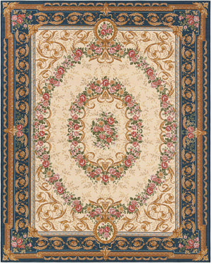 Navy Blue and Ivory 7' 10 x 10' Outdoor Traditional Rectangle Area Rug Weather Resistant for Patio, Deck, Terrace, Balcony, Porch Classical Design Outside Carpet for Sale at Rug Engine