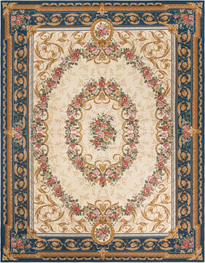 Navy Blue and Ivory 9' x 12' Outdoor Traditional Rectangle Area Rug Weather Resistant for Patio, Deck, Terrace, Balcony, Porch Classical Design Outside Carpet for Sale at Rug Engine