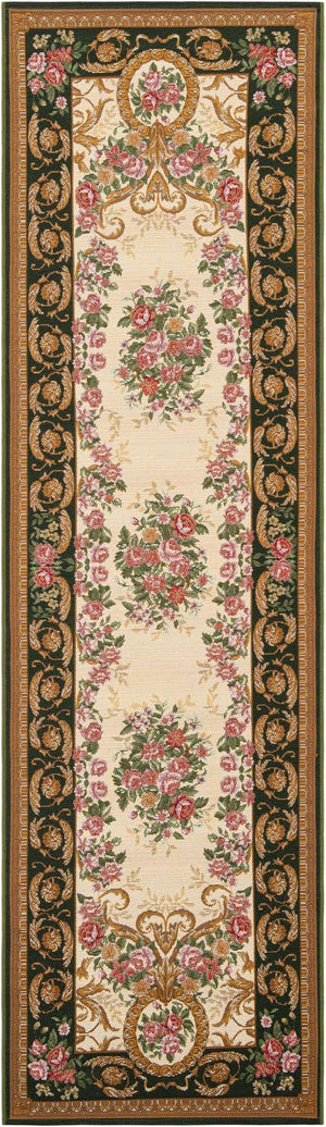 Green and Ivory 2' 7 x 10' Outdoor Traditional Runner Area Rug Weather Resistant for Patio, Deck, Terrace, Balcony, Porch Classical Design Outside Carpet for Sale at Rug Engine