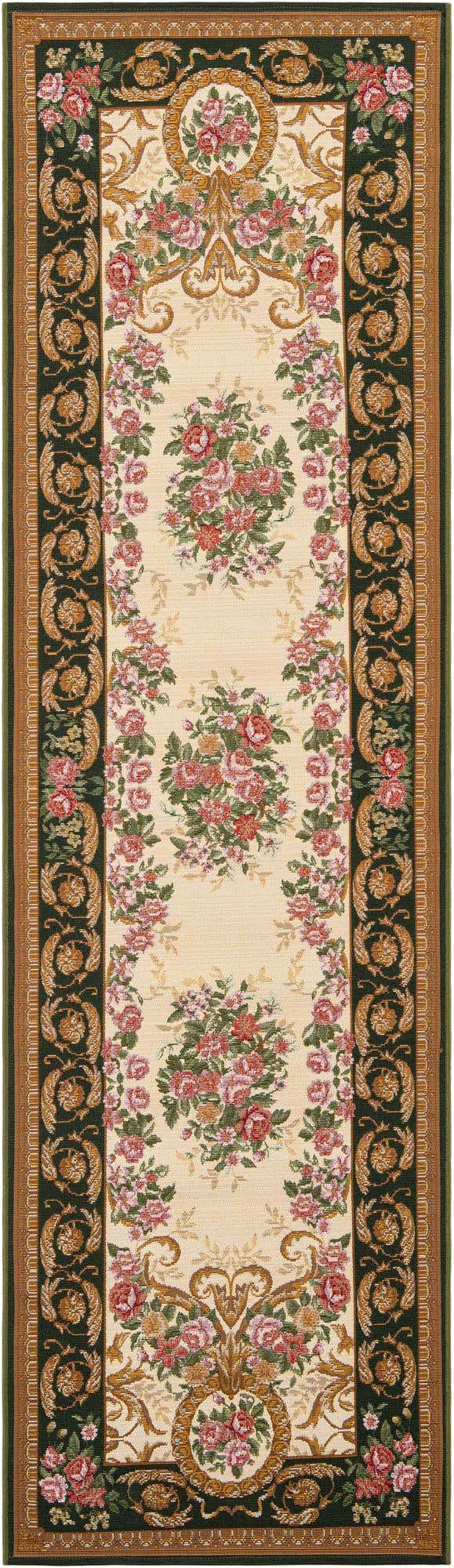 Green and Ivory 2' 7 x 10' Outdoor Traditional Runner Area Rug Weather Resistant for Patio, Deck, Terrace, Balcony, Porch Classical Design Outside Carpet for Sale at Rug Engine