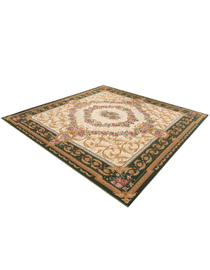 Green and Ivory 10' x 10' Outdoor Traditional Square Area Rug Weather Resistant for Patio, Deck, Terrace, Balcony, Porch Classical Design Outside Carpet for Sale at Rug Engine