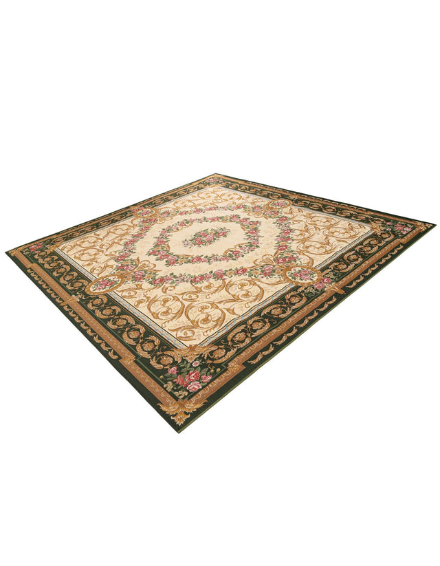 Green and Ivory 10' x 10' Outdoor Traditional Square Area Rug Weather Resistant for Patio, Deck, Terrace, Balcony, Porch Classical Design Outside Carpet for Sale at Rug Engine