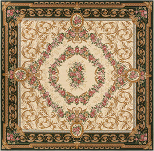 Green and Ivory 10' x 10' Outdoor Traditional Square Area Rug Weather Resistant for Patio, Deck, Terrace, Balcony, Porch Classical Design Outside Carpet for Sale at Rug Engine