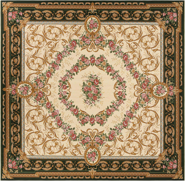 Green and Ivory 10' x 10' Outdoor Traditional Square Area Rug Weather Resistant for Patio, Deck, Terrace, Balcony, Porch Classical Design Outside Carpet for Sale at Rug Engine
