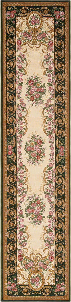 Green and Ivory 2' 7 x 12' Outdoor Traditional Runner Area Rug Weather Resistant for Patio, Deck, Terrace, Balcony, Porch Classical Design Outside Carpet for Sale at Rug Engine