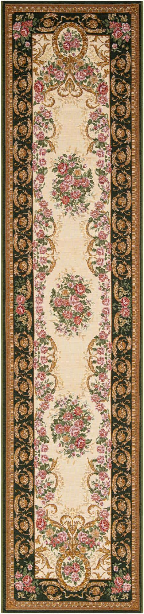 Green and Ivory 2' 7 x 12' Outdoor Traditional Runner Area Rug Weather Resistant for Patio, Deck, Terrace, Balcony, Porch Classical Design Outside Carpet for Sale at Rug Engine