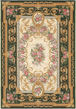 Green and Ivory 4' 1 x 6' 1 Outdoor Traditional Rectangle Area Rug Weather Resistant for Patio, Deck, Terrace, Balcony, Porch Classical Design Outside Carpet for Sale at Rug Engine
