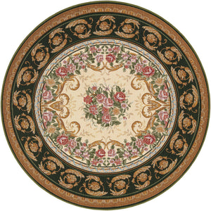 Green and Ivory 5' 1 x 5' 1 Outdoor Traditional Round Area Rug Weather Resistant for Patio, Deck, Terrace, Balcony, Porch Classical Design Outside Carpet for Sale at Rug Engine