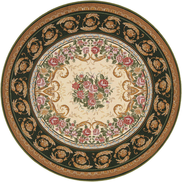 Green and Ivory 5' 1 x 5' 1 Outdoor Traditional Round Area Rug Weather Resistant for Patio, Deck, Terrace, Balcony, Porch Classical Design Outside Carpet for Sale at Rug Engine