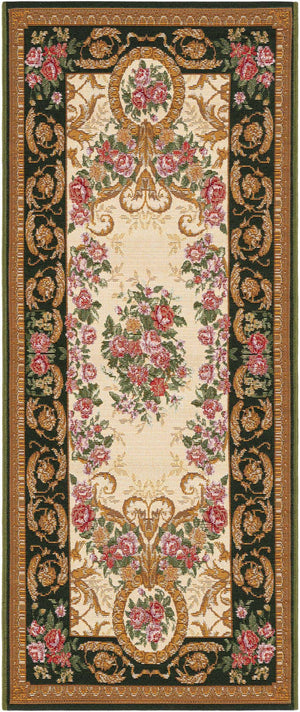 Green and Ivory 2' x 5' 1 Outdoor Traditional Runner Area Rug Weather Resistant for Patio, Deck, Terrace, Balcony, Porch Classical Design Outside Carpet for Sale at Rug Engine