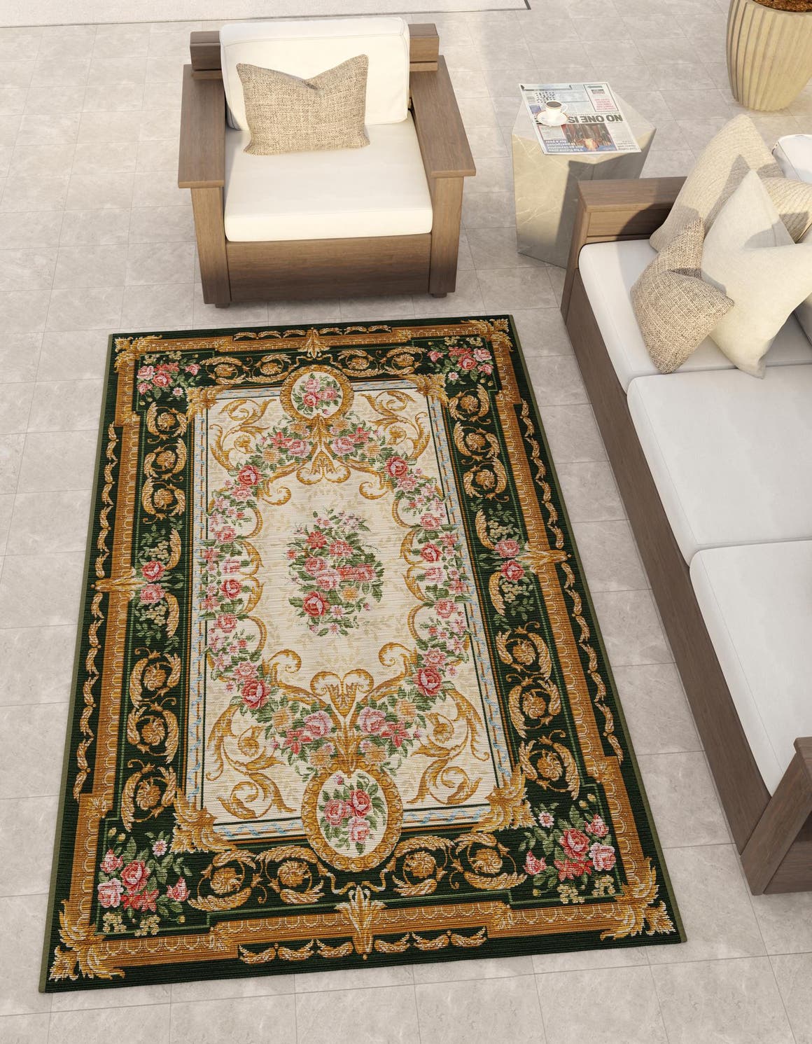 Green and Ivory 9' x 12' Outdoor Traditional Rectangle Area Rug Weather Resistant for Patio, Deck, Terrace, Balcony, Porch Classical Design Outside Carpet for Sale at Rug Engine