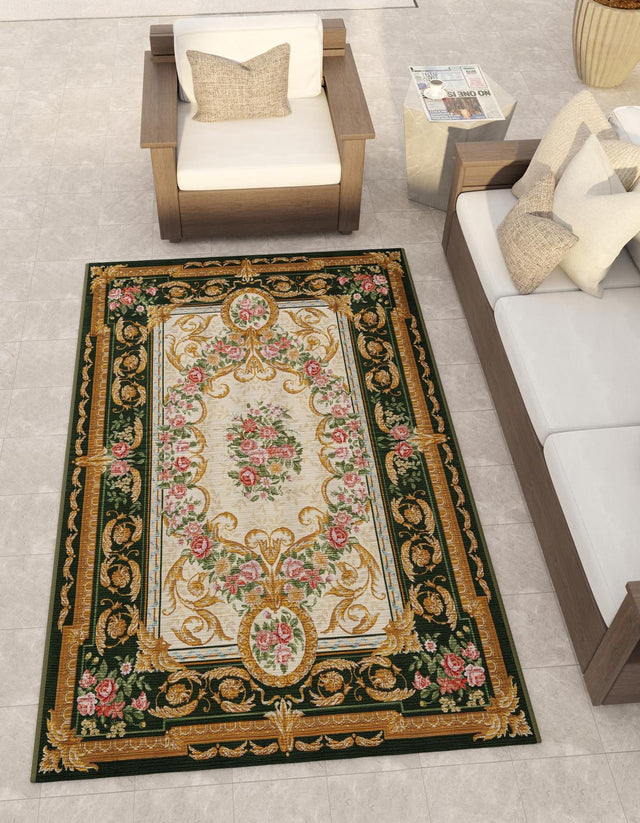 Green and Ivory 10' x 14' 1 Outdoor Traditional Rectangle Area Rug Weather Resistant for Patio, Deck, Terrace, Balcony, Porch Classical Design Outside Carpet for Sale at Rug Engine