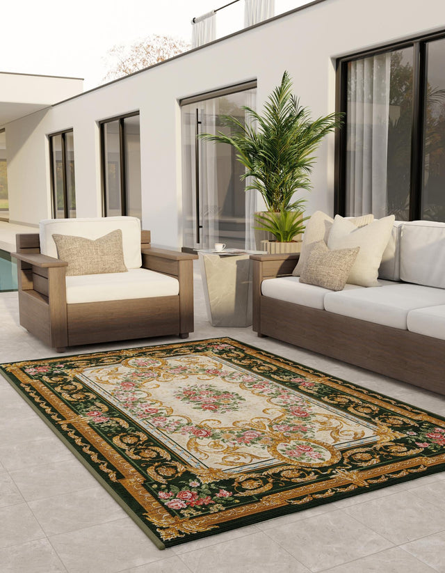 Green and Ivory 10' x 14' 1 Outdoor Traditional Rectangle Area Rug Weather Resistant for Patio, Deck, Terrace, Balcony, Porch Classical Design Outside Carpet for Sale at Rug Engine