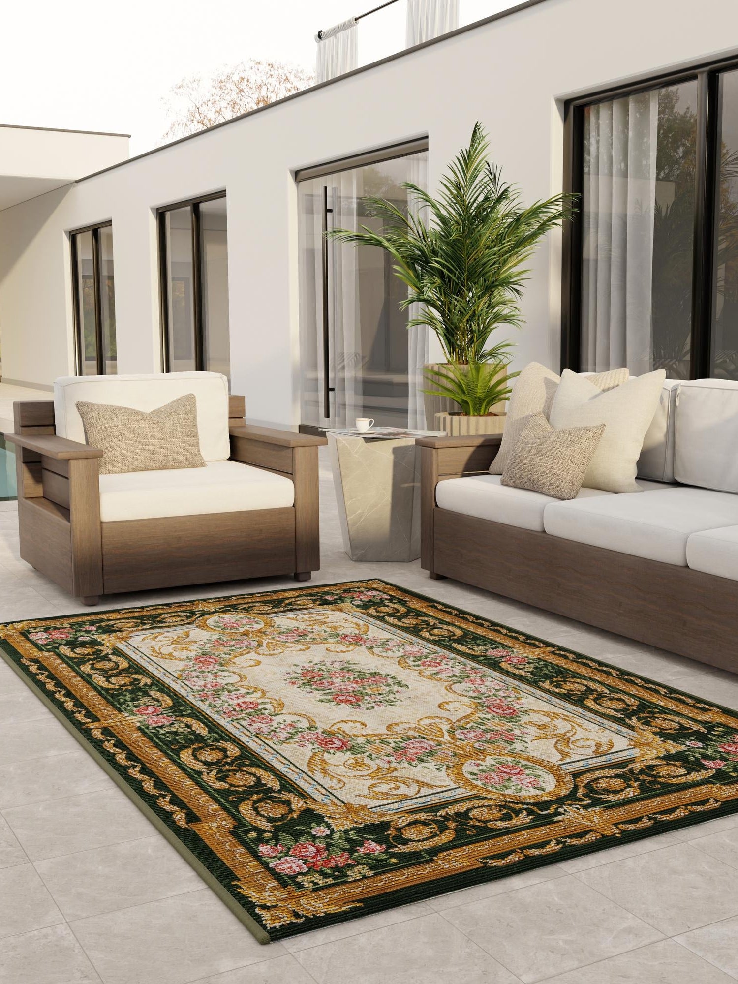 Green and Ivory 4' 1 x 6' 1 Outdoor Traditional Rectangle Area Rug Weather Resistant for Patio, Deck, Terrace, Balcony, Porch Classical Design Outside Carpet for Sale at Rug Engine