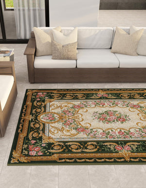 Green and Ivory 9' x 12' Outdoor Traditional Rectangle Area Rug Weather Resistant for Patio, Deck, Terrace, Balcony, Porch Classical Design Outside Carpet for Sale at Rug Engine