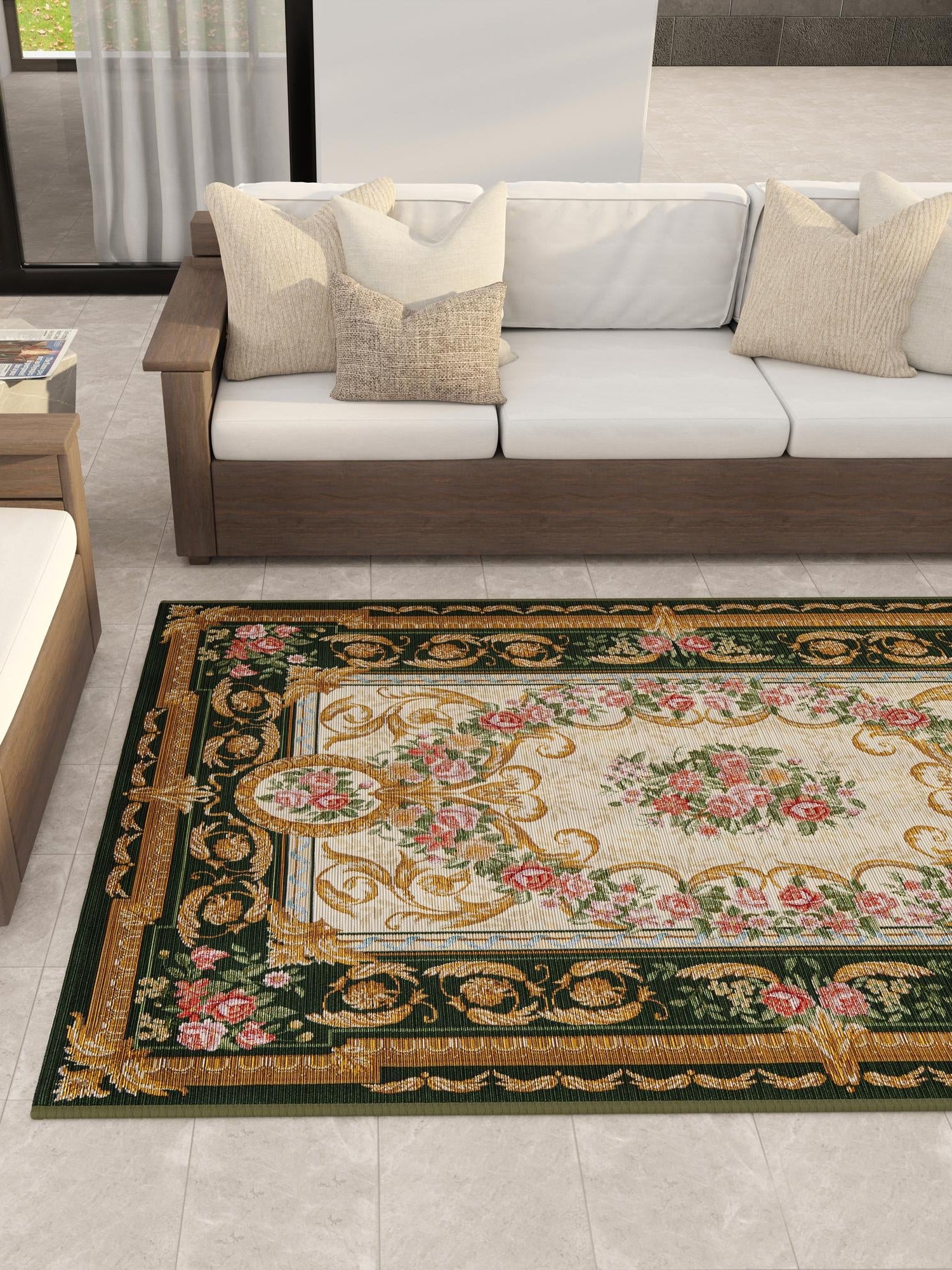 Green and Ivory 4' 1 x 6' 1 Outdoor Traditional Rectangle Area Rug Weather Resistant for Patio, Deck, Terrace, Balcony, Porch Classical Design Outside Carpet for Sale at Rug Engine
