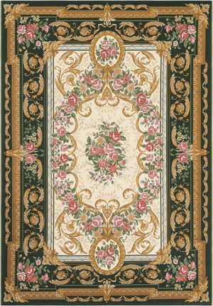 Green and Ivory 5' 1 x 8' Outdoor Traditional Rectangle Area Rug Weather Resistant for Patio, Deck, Terrace, Balcony, Porch Classical Design Outside Carpet for Sale at Rug Engine