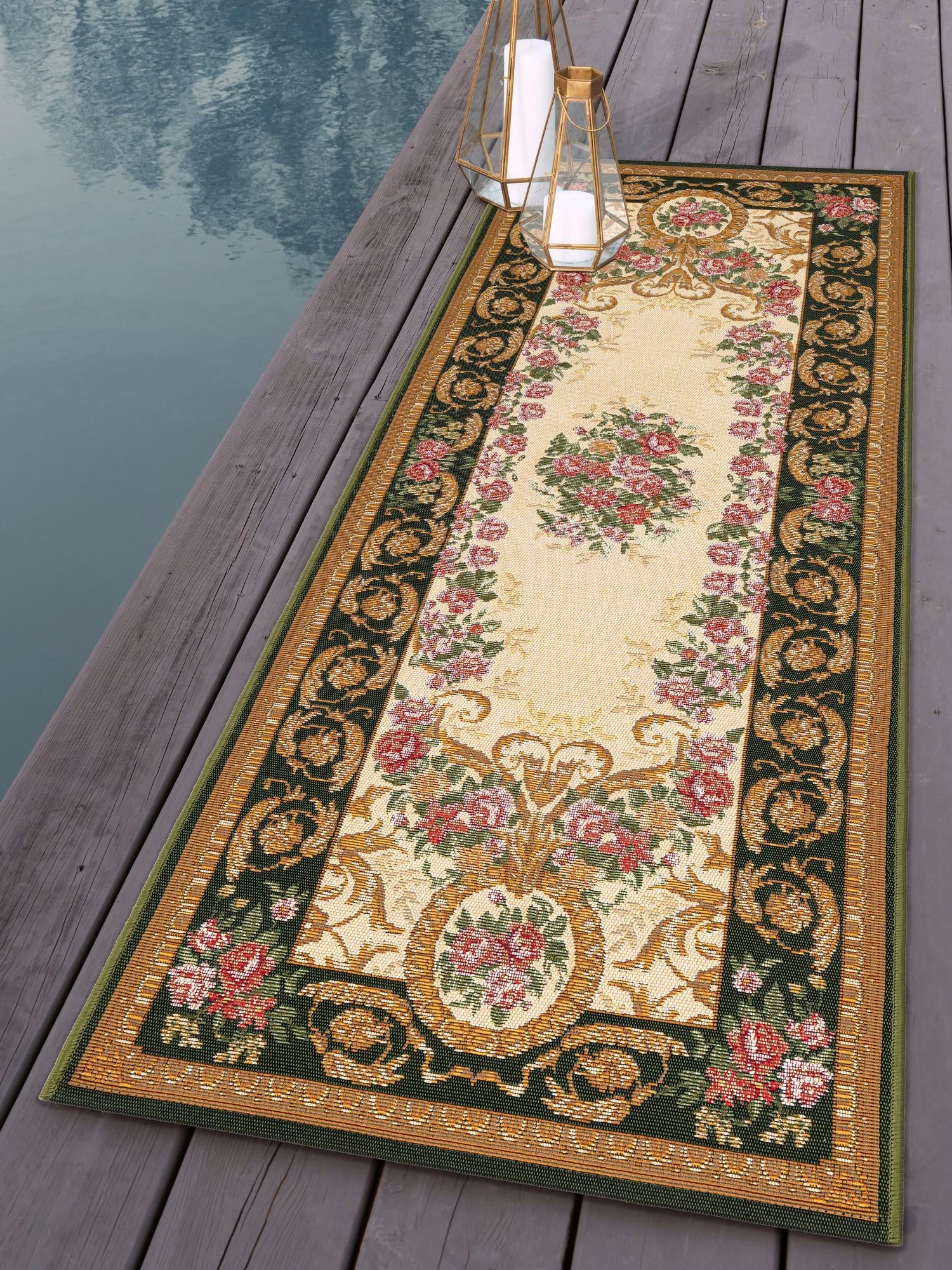 Green and Ivory 2' x 5' 1 Outdoor Traditional Runner Area Rug Weather Resistant for Patio, Deck, Terrace, Balcony, Porch Classical Design Outside Carpet for Sale at Rug Engine