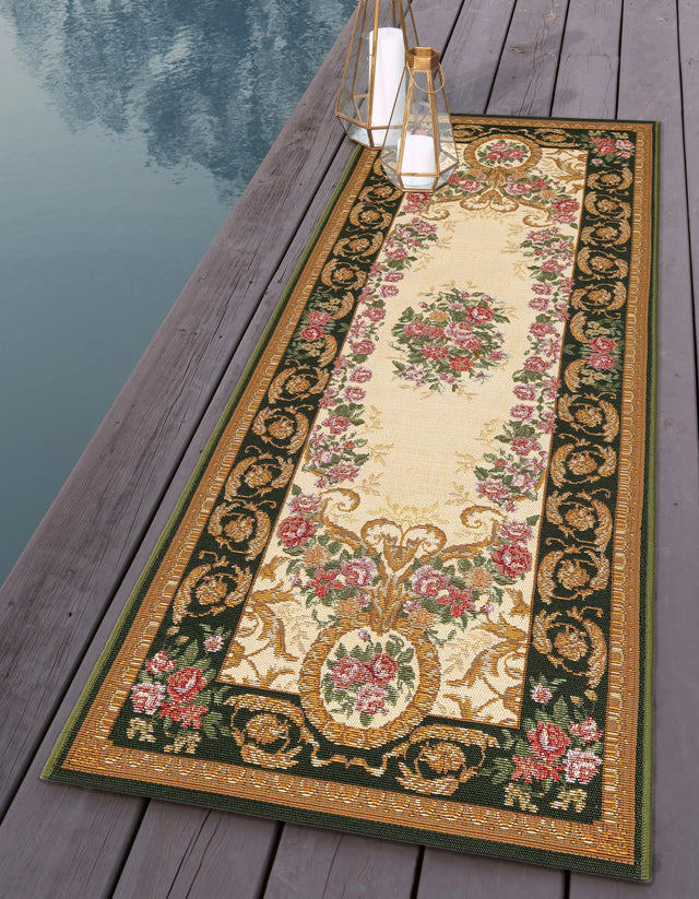 Green and Ivory 2' x 5' 1 Outdoor Traditional Runner Area Rug Weather Resistant for Patio, Deck, Terrace, Balcony, Porch Classical Design Outside Carpet for Sale at Rug Engine