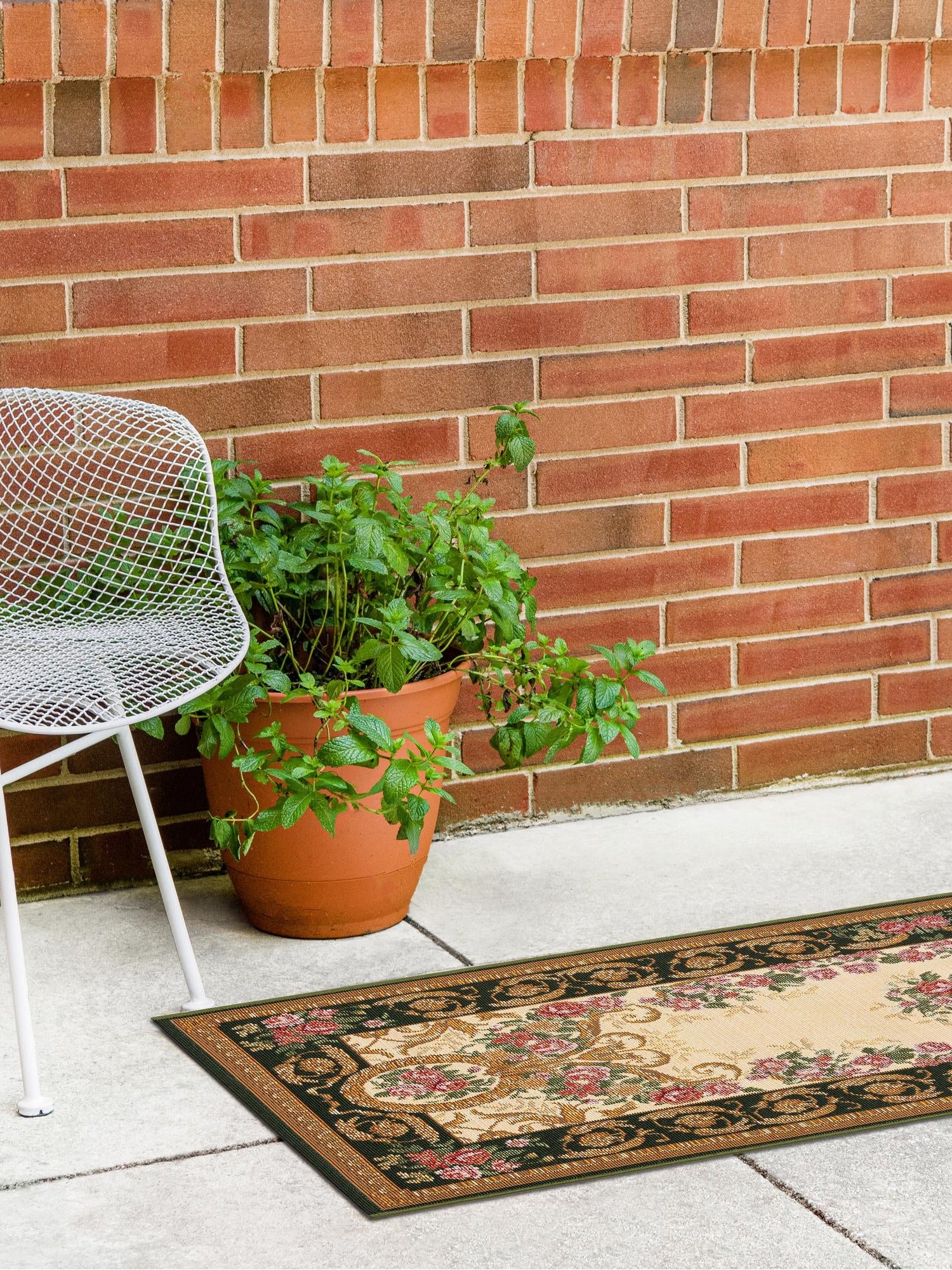 Green and Ivory 2' x 6' 1 Outdoor Traditional Runner Area Rug Weather Resistant for Patio, Deck, Terrace, Balcony, Porch Classical Design Outside Carpet for Sale at Rug Engine