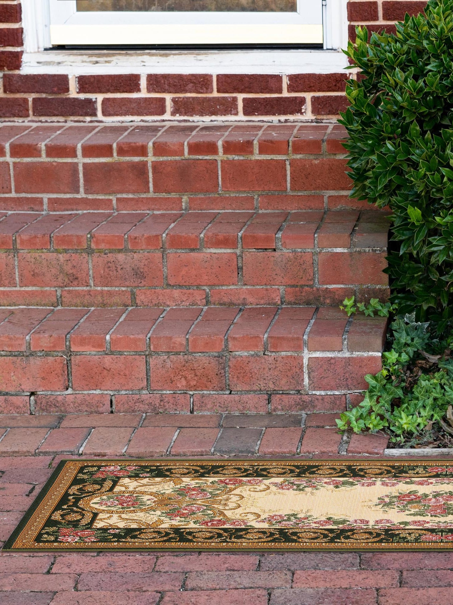 Green and Ivory 2' 7 x 12' Outdoor Traditional Runner Area Rug Weather Resistant for Patio, Deck, Terrace, Balcony, Porch Classical Design Outside Carpet for Sale at Rug Engine