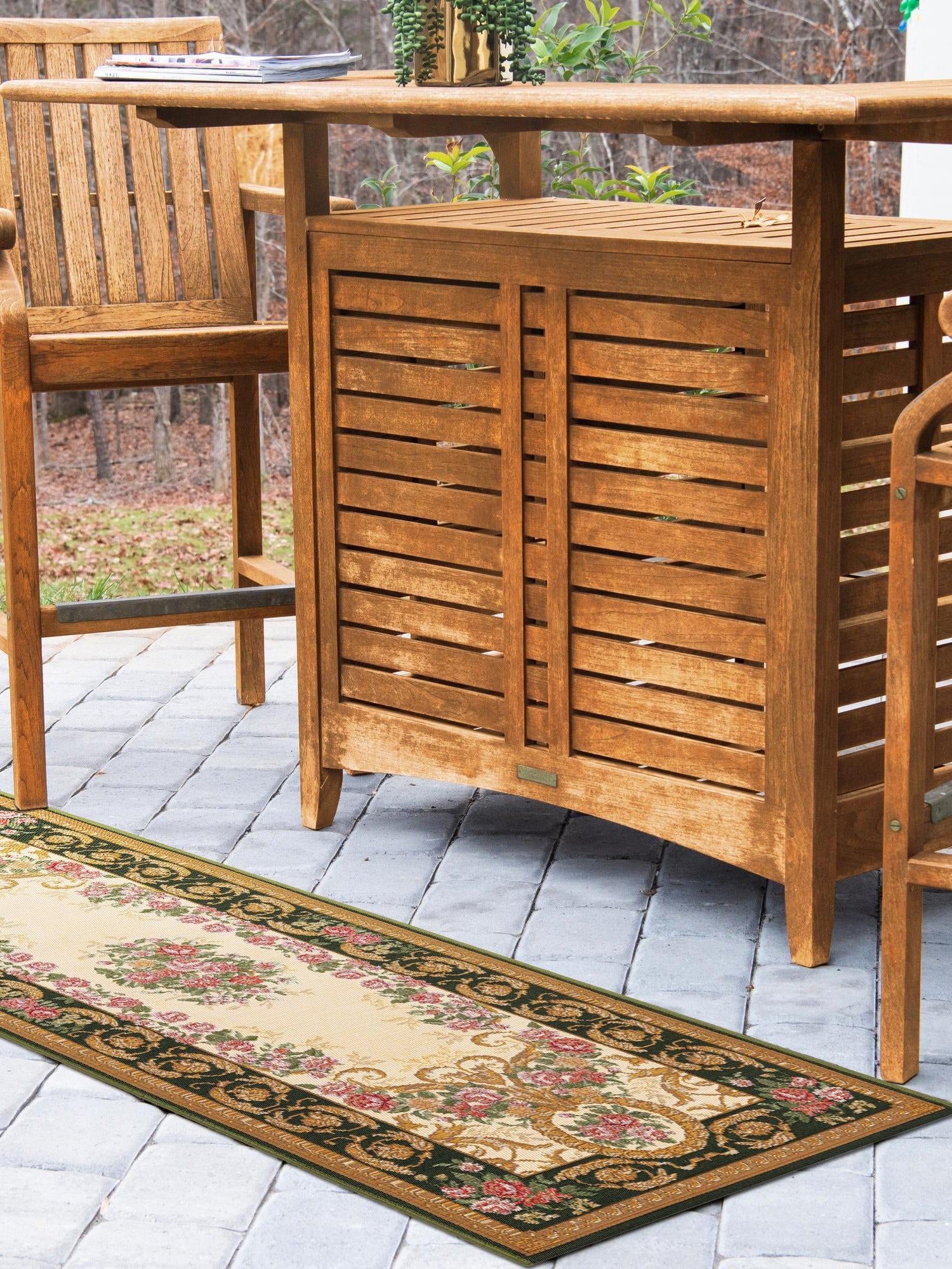 Green and Ivory 2' x 5' 1 Outdoor Traditional Runner Area Rug Weather Resistant for Patio, Deck, Terrace, Balcony, Porch Classical Design Outside Carpet for Sale at Rug Engine