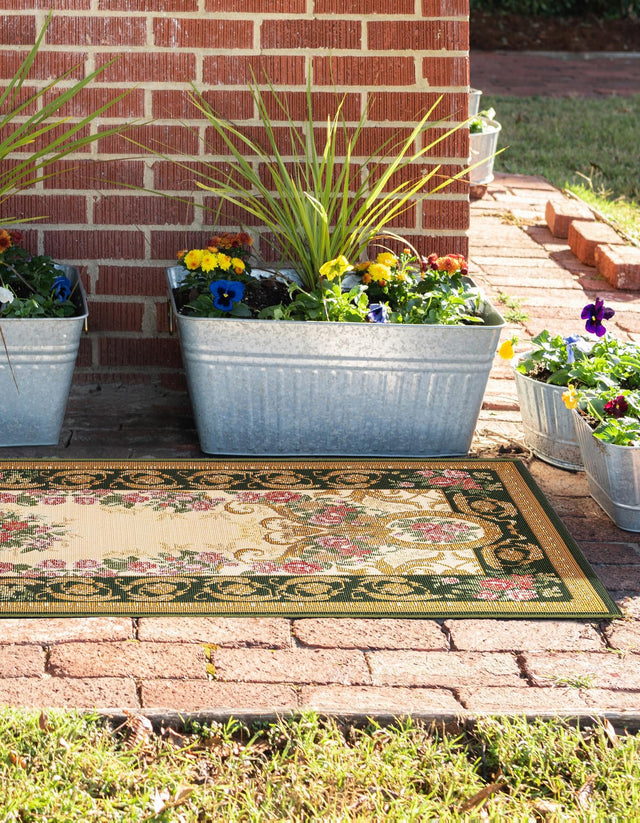 Green and Ivory 2' 7 x 12' Outdoor Traditional Runner Area Rug Weather Resistant for Patio, Deck, Terrace, Balcony, Porch Classical Design Outside Carpet for Sale at Rug Engine