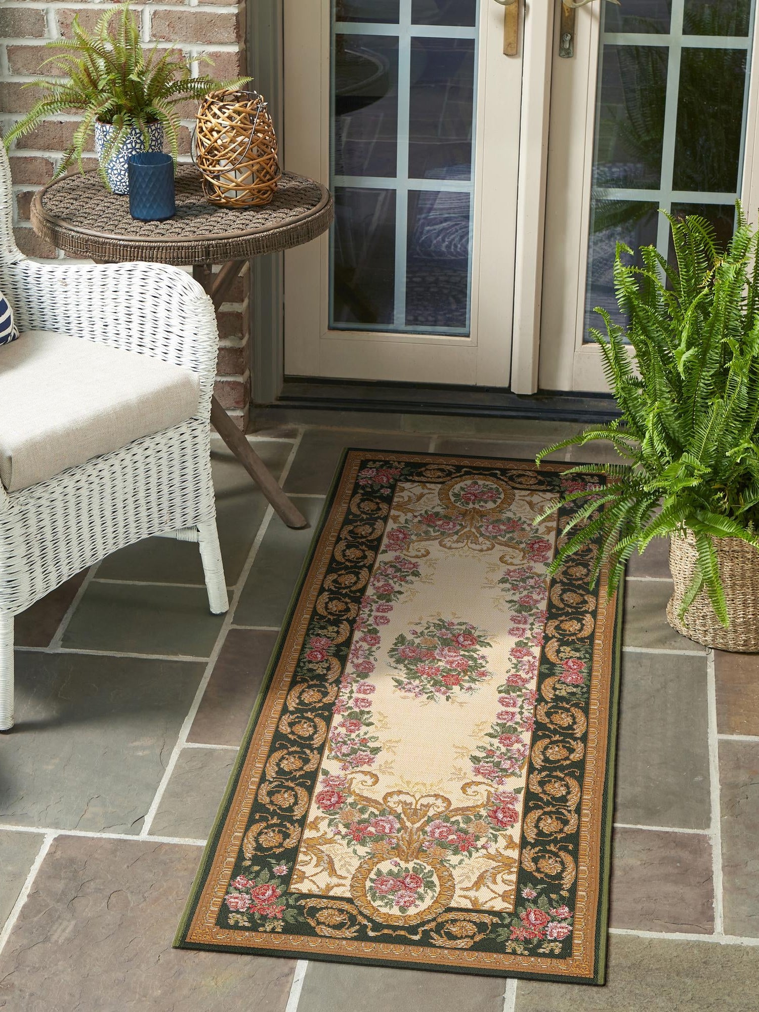 Green and Ivory 2' 7 x 12' Outdoor Traditional Runner Area Rug Weather Resistant for Patio, Deck, Terrace, Balcony, Porch Classical Design Outside Carpet for Sale at Rug Engine