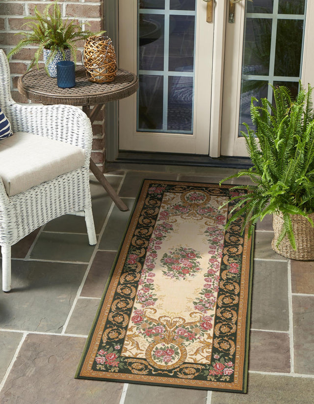 Green and Ivory 2' x 8' Outdoor Traditional Runner Area Rug Weather Resistant for Patio, Deck, Terrace, Balcony, Porch Classical Design Outside Carpet for Sale at Rug Engine