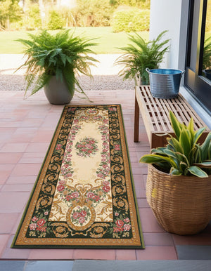 Green and Ivory 2' 7 x 12' Outdoor Traditional Runner Area Rug Weather Resistant for Patio, Deck, Terrace, Balcony, Porch Classical Design Outside Carpet for Sale at Rug Engine
