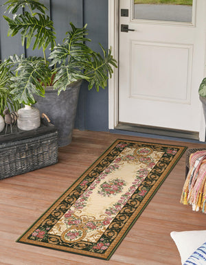 Green and Ivory 2' 7 x 10' Outdoor Traditional Runner Area Rug Weather Resistant for Patio, Deck, Terrace, Balcony, Porch Classical Design Outside Carpet for Sale at Rug Engine