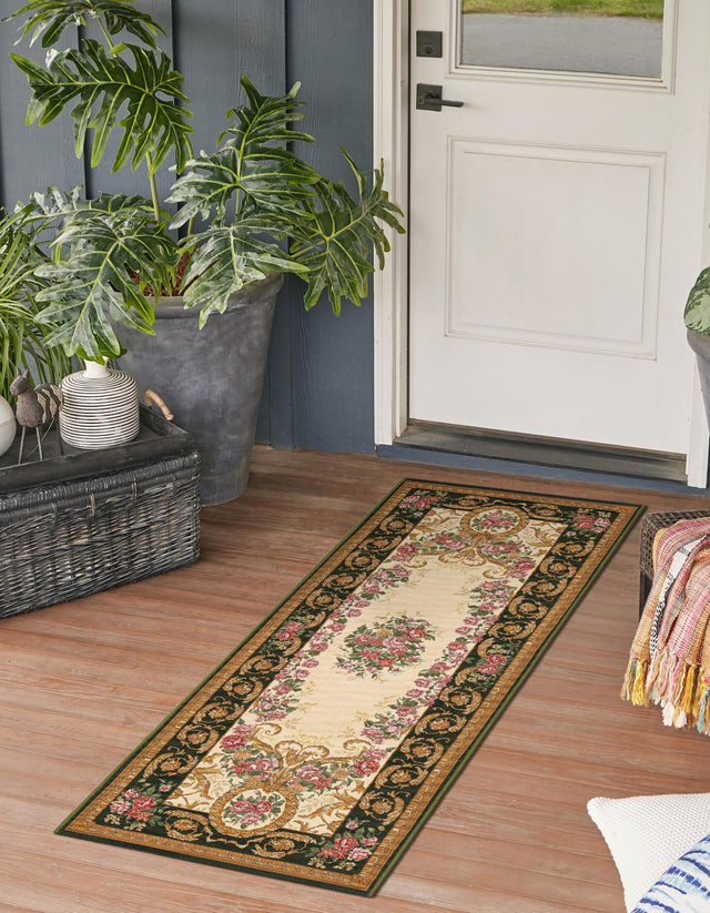 Green and Ivory 2' 7 x 12' Outdoor Traditional Runner Area Rug Weather Resistant for Patio, Deck, Terrace, Balcony, Porch Classical Design Outside Carpet for Sale at Rug Engine