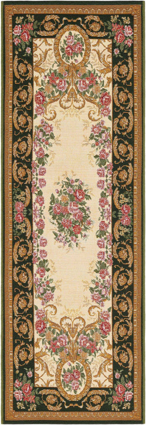 Green and Ivory 2' x 6' 1 Outdoor Traditional Runner Area Rug Weather Resistant for Patio, Deck, Terrace, Balcony, Porch Classical Design Outside Carpet for Sale at Rug Engine