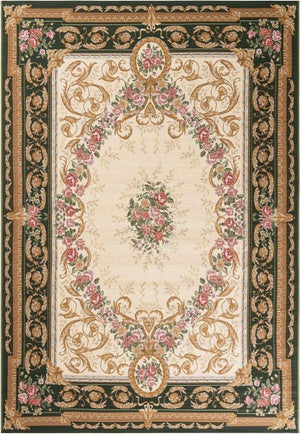Green and Ivory 6' 1 x 9' Outdoor Traditional Rectangle Area Rug Weather Resistant for Patio, Deck, Terrace, Balcony, Porch Classical Design Outside Carpet for Sale at Rug Engine