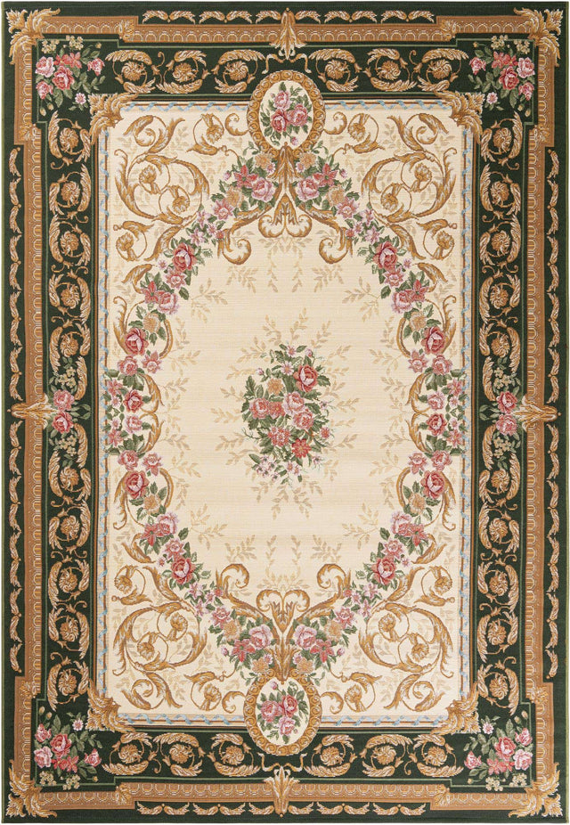 Green and Ivory 6' 1 x 9' Outdoor Traditional Rectangle Area Rug Weather Resistant for Patio, Deck, Terrace, Balcony, Porch Classical Design Outside Carpet for Sale at Rug Engine