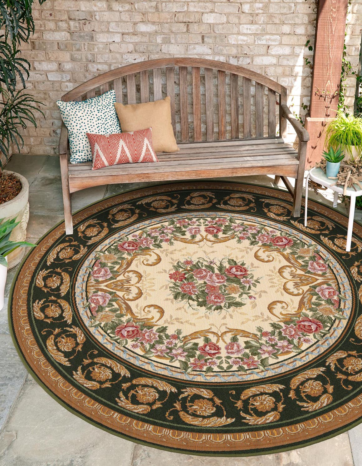 Green and Ivory 7' 10 x 7' 10 Outdoor Traditional Round Area Rug Weather Resistant for Patio, Deck, Terrace, Balcony, Porch Classical Design Outside Carpet for Sale at Rug Engine