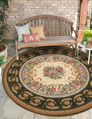 Green and Ivory 7' 10 x 7' 10 Outdoor Traditional Round Area Rug Weather Resistant for Patio, Deck, Terrace, Balcony, Porch Classical Design Outside Carpet for Sale at Rug Engine