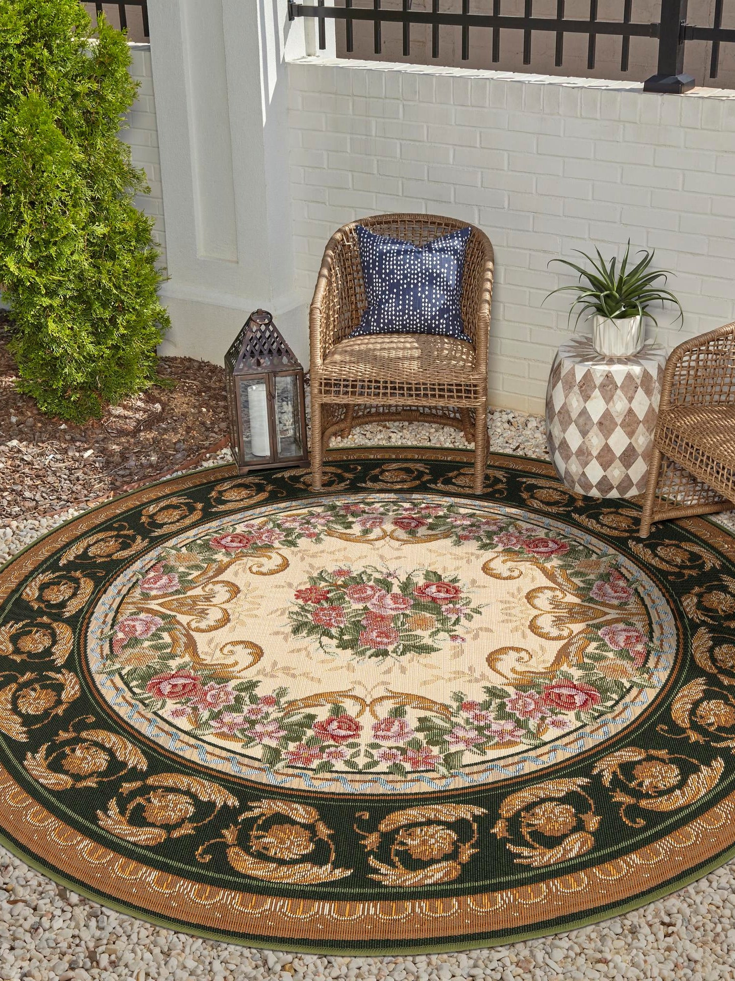 Green and Ivory 10' x 10' Outdoor Traditional Round Area Rug Weather Resistant for Patio, Deck, Terrace, Balcony, Porch Classical Design Outside Carpet for Sale at Rug Engine